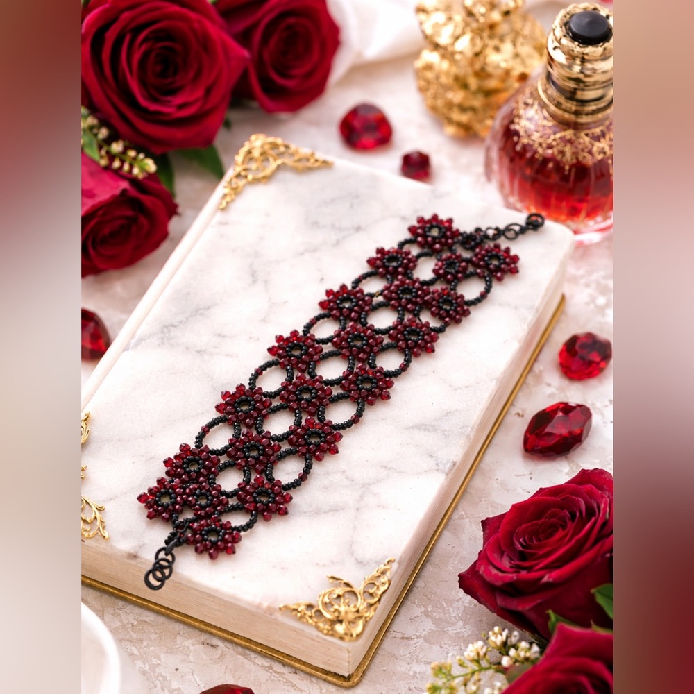 Hand Crafted Black and Red Crystal Beaded Bracelet